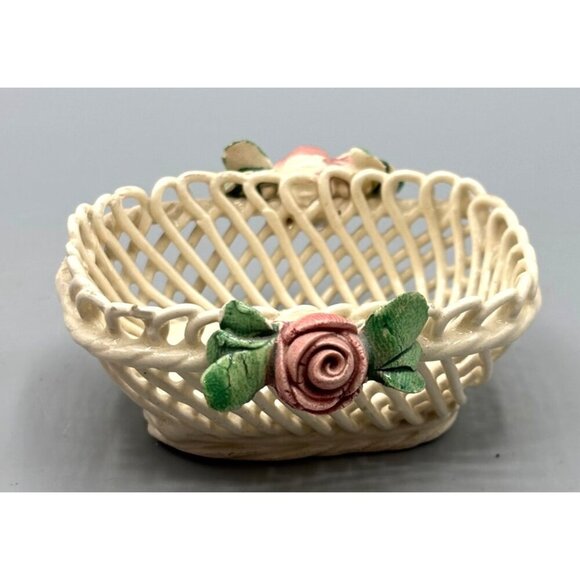 Vtg Italian Ceramic Lattice Basket Pink Rose Trinket Ring Dish Decor - Picture 2 of 7